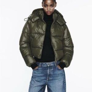 Zara Crop Puffer Jacket Coat Shiny Khaki Warm Size Small